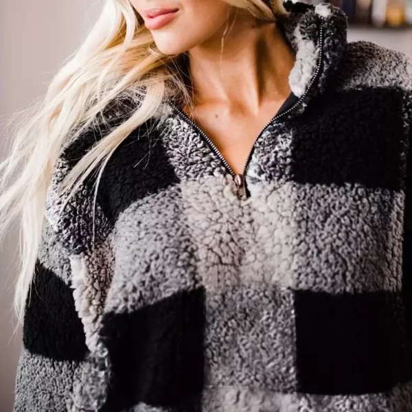 ZESICA Womens Plaid Long Sleeve Zipper Sherpa Fleece Sweatshirt Pullover Jacket Coat with PocketsGrey