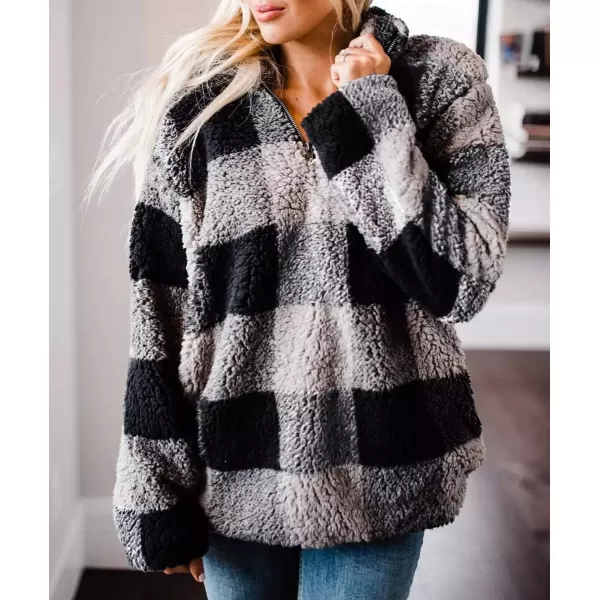 ZESICA Womens Plaid Long Sleeve Zipper Sherpa Fleece Sweatshirt Pullover Jacket Coat with PocketsGrey