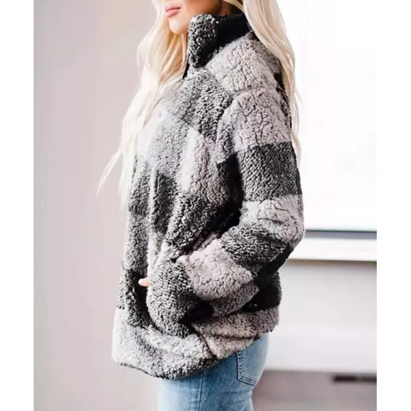 ZESICA Womens Plaid Long Sleeve Zipper Sherpa Fleece Sweatshirt Pullover Jacket Coat with PocketsGrey