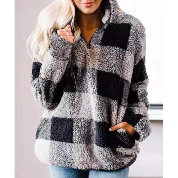ZESICA Womens Plaid Long Sleeve Zipper Sherpa Fleece Sweatshirt Pullover Jacket Coat with PocketsGrey