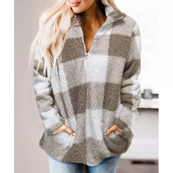 ZESICA Womens Plaid Long Sleeve Zipper Sherpa Fleece Sweatshirt Pullover Jacket Coat with PocketsKhaki