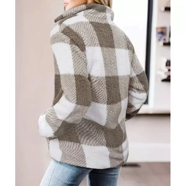ZESICA Womens Plaid Long Sleeve Zipper Sherpa Fleece Sweatshirt Pullover Jacket Coat with PocketsKhaki