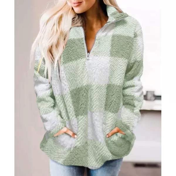 ZESICA Womens Plaid Long Sleeve Zipper Sherpa Fleece Sweatshirt Pullover Jacket Coat with PocketsLightgreen