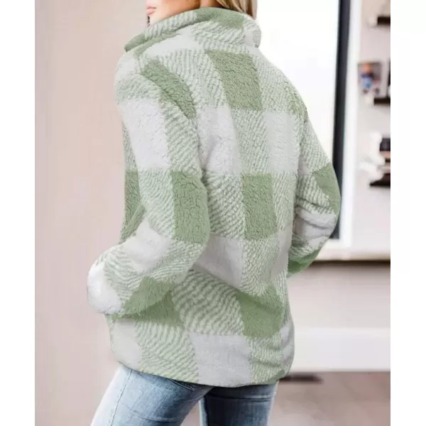 ZESICA Womens Plaid Long Sleeve Zipper Sherpa Fleece Sweatshirt Pullover Jacket Coat with PocketsLightgreen