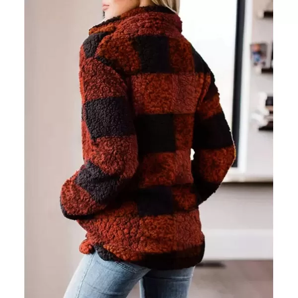 ZESICA Womens Plaid Long Sleeve Zipper Sherpa Fleece Sweatshirt Pullover Jacket Coat with PocketsOrange Red