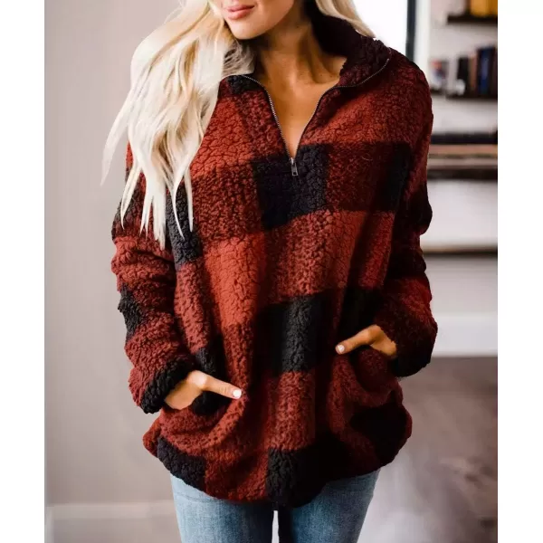 ZESICA Womens Plaid Long Sleeve Zipper Sherpa Fleece Sweatshirt Pullover Jacket Coat with PocketsOrange Red