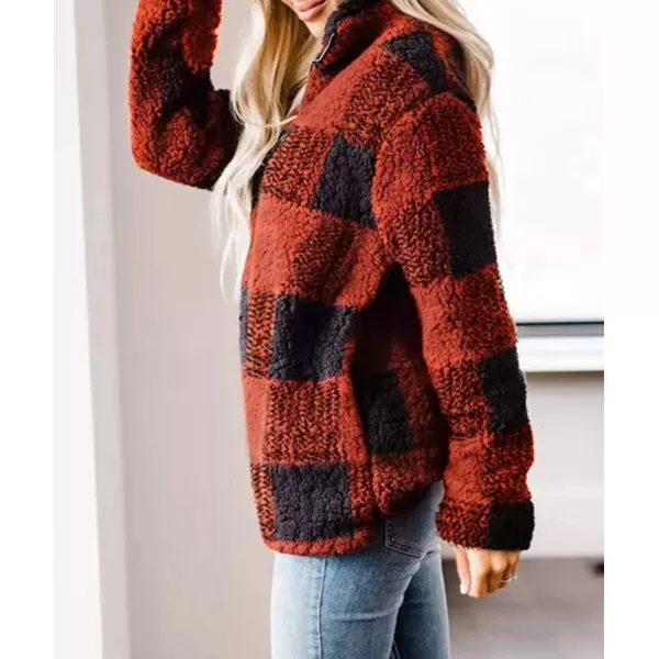 ZESICA Womens Plaid Long Sleeve Zipper Sherpa Fleece Sweatshirt Pullover Jacket Coat with PocketsOrange Red