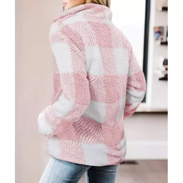 ZESICA Womens Plaid Long Sleeve Zipper Sherpa Fleece Sweatshirt Pullover Jacket Coat with PocketsPink