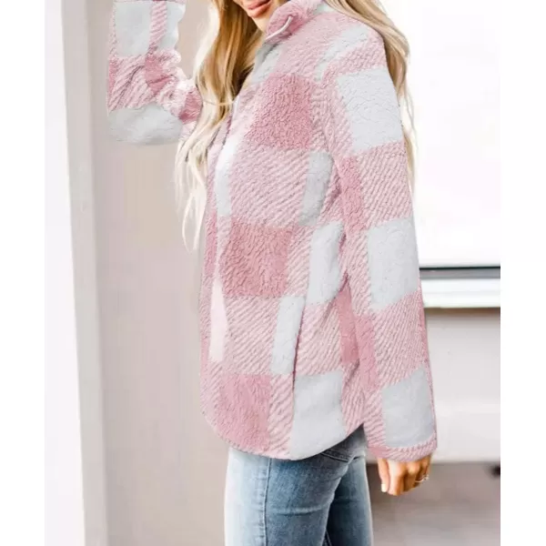 ZESICA Womens Plaid Long Sleeve Zipper Sherpa Fleece Sweatshirt Pullover Jacket Coat with PocketsPink