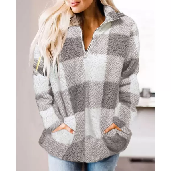 ZESICA Womens Plaid Long Sleeve Zipper Sherpa Fleece Sweatshirt Pullover Jacket Coat with PocketsPurplegrey