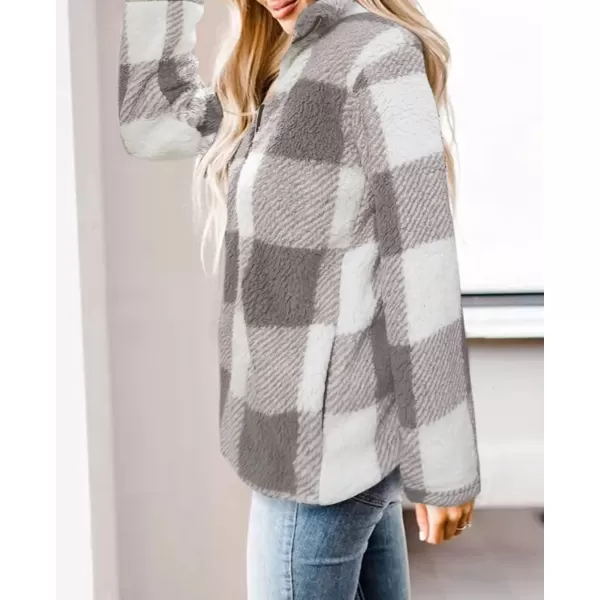 ZESICA Womens Plaid Long Sleeve Zipper Sherpa Fleece Sweatshirt Pullover Jacket Coat with PocketsPurplegrey