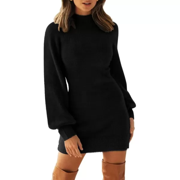 ZESICA Womens 2024 Casual Turtleneck Long Puff Sleeve Soft Fuzzy Knit Bodycon Pullover Mini Sweater DressAllblack