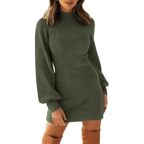 ZESICA Womens 2024 Casual Turtleneck Long Puff Sleeve Soft Fuzzy Knit Bodycon Pullover Mini Sweater DressArmygreen