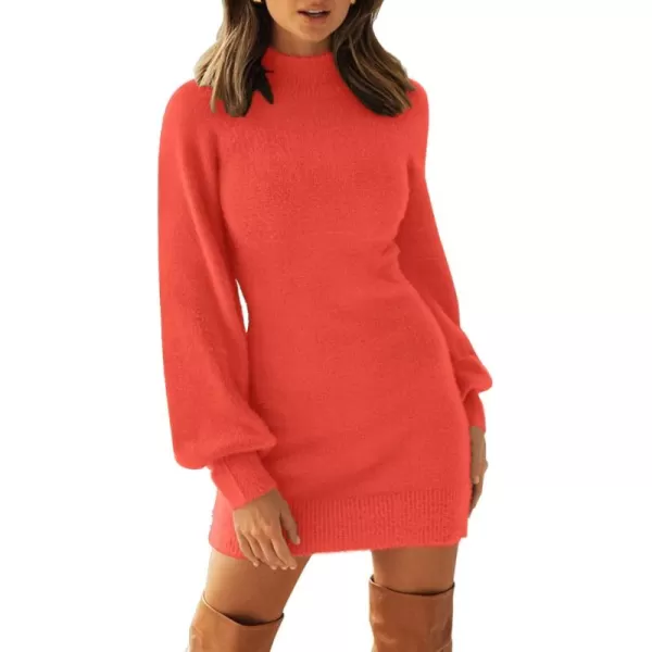 ZESICA Womens 2024 Casual Turtleneck Long Puff Sleeve Soft Fuzzy Knit Bodycon Pullover Mini Sweater DressTomato
