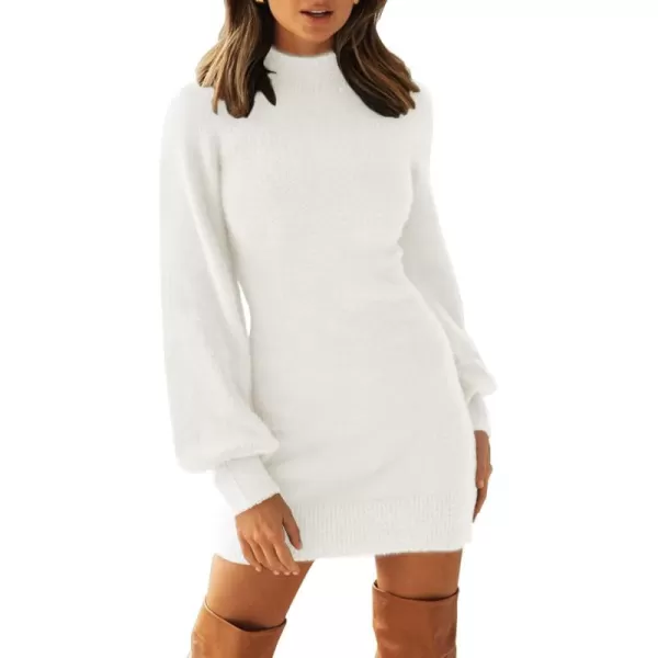 ZESICA Womens 2024 Casual Turtleneck Long Puff Sleeve Soft Fuzzy Knit Bodycon Pullover Mini Sweater DressWhite