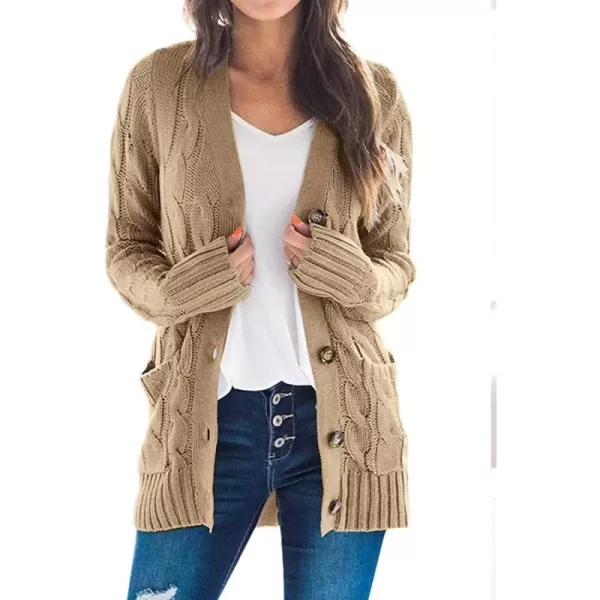 ZESICA Womens 2024 Fall Casual Long Sleeve Button Down Open Front Cable Knit Cardigan Sweater CoatKhaki