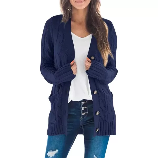 ZESICA Womens 2024 Fall Casual Long Sleeve Button Down Open Front Cable Knit Cardigan Sweater CoatNavy