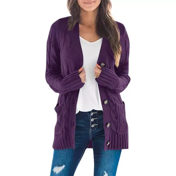 ZESICA Womens 2024 Fall Casual Long Sleeve Button Down Open Front Cable Knit Cardigan Sweater CoatPlum