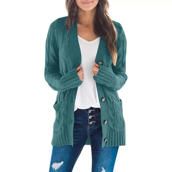 ZESICA Womens 2024 Fall Casual Long Sleeve Button Down Open Front Cable Knit Cardigan Sweater CoatTealgreen