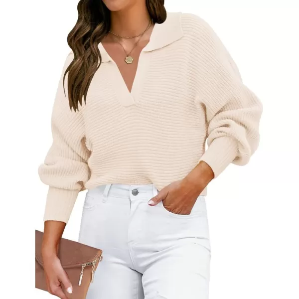 ZESICA Womens 2024 Fall Lapel Collar V Neck Long Sleeve Ribbed Knit Comfy Loose Casual Pullover Sweater Jumper TopBeige