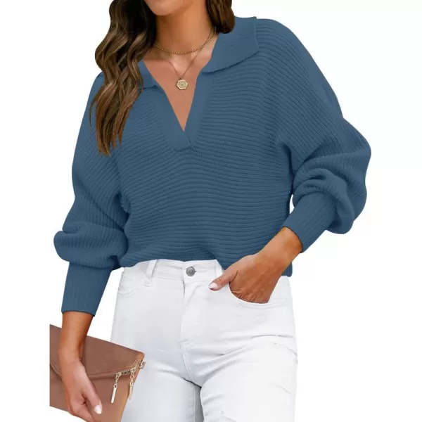 ZESICA Womens 2024 Fall Lapel Collar V Neck Long Sleeve Ribbed Knit Comfy Loose Casual Pullover Sweater Jumper TopBlue