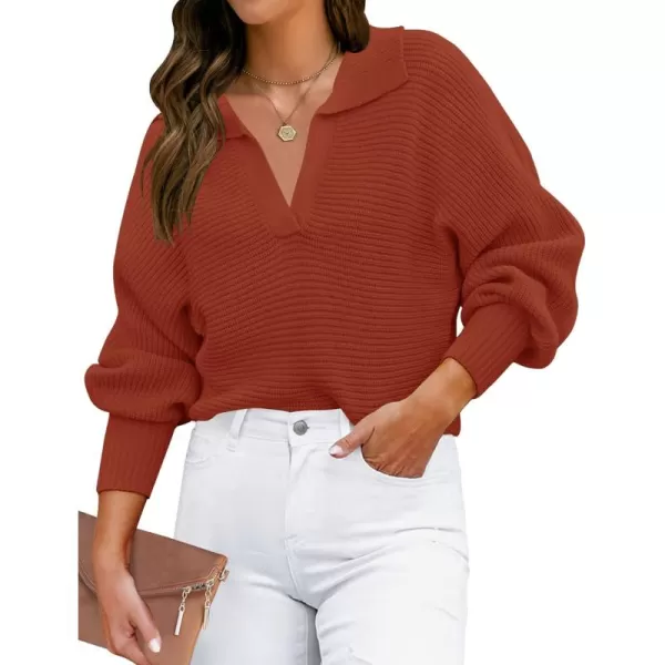 ZESICA Womens 2024 Fall Lapel Collar V Neck Long Sleeve Ribbed Knit Comfy Loose Casual Pullover Sweater Jumper TopBrickred