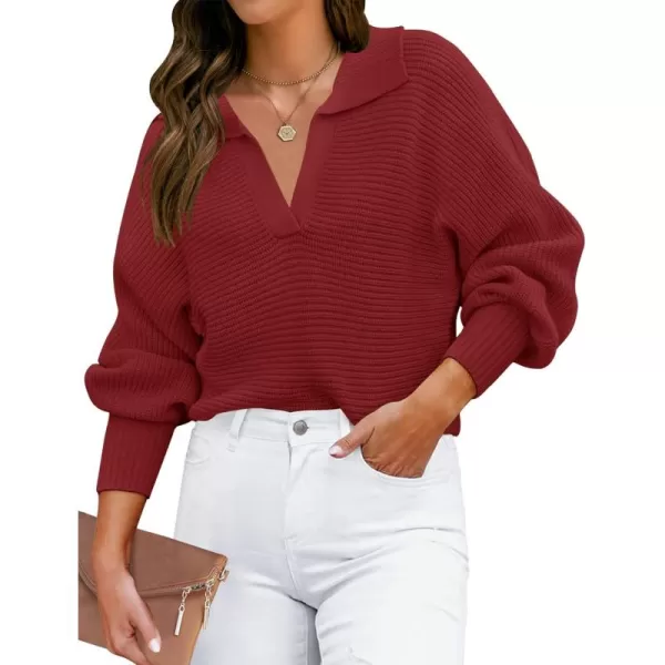 ZESICA Womens 2024 Fall Lapel Collar V Neck Long Sleeve Ribbed Knit Comfy Loose Casual Pullover Sweater Jumper TopBurgundy