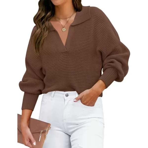ZESICA Womens 2024 Fall Lapel Collar V Neck Long Sleeve Ribbed Knit Comfy Loose Casual Pullover Sweater Jumper TopCoffee