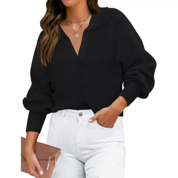 ZESICA Womens 2024 Fall Lapel Collar V Neck Long Sleeve Ribbed Knit Comfy Loose Casual Pullover Sweater Jumper TopDarkblack