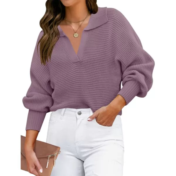 ZESICA Womens 2024 Fall Lapel Collar V Neck Long Sleeve Ribbed Knit Comfy Loose Casual Pullover Sweater Jumper TopDarkpurple