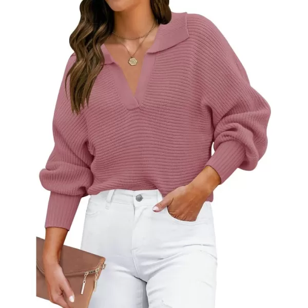 ZESICA Womens 2024 Fall Lapel Collar V Neck Long Sleeve Ribbed Knit Comfy Loose Casual Pullover Sweater Jumper TopDustypink