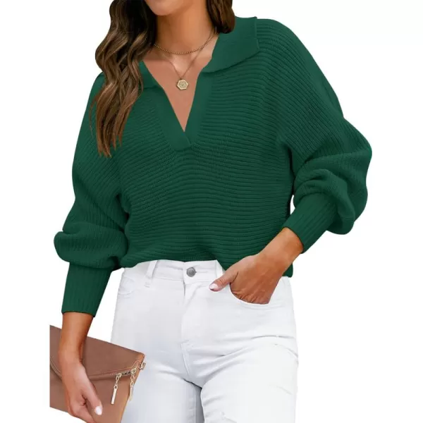 ZESICA Womens 2024 Fall Lapel Collar V Neck Long Sleeve Ribbed Knit Comfy Loose Casual Pullover Sweater Jumper TopForestgreen