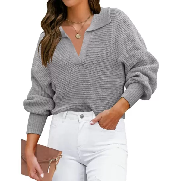 ZESICA Womens 2024 Fall Lapel Collar V Neck Long Sleeve Ribbed Knit Comfy Loose Casual Pullover Sweater Jumper TopGrey