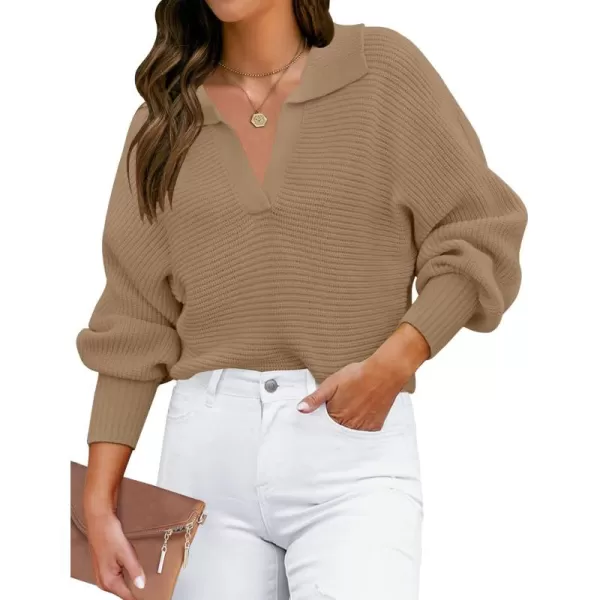 ZESICA Womens 2024 Fall Lapel Collar V Neck Long Sleeve Ribbed Knit Comfy Loose Casual Pullover Sweater Jumper TopKhaki