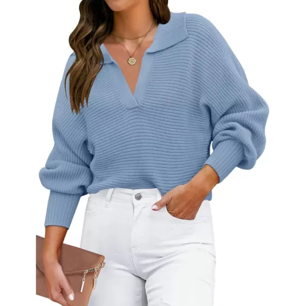 ZESICA Womens 2024 Fall Lapel Collar V Neck Long Sleeve Ribbed Knit Comfy Loose Casual Pullover Sweater Jumper TopLightblue