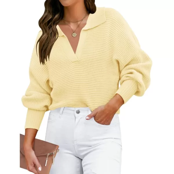 ZESICA Womens 2024 Fall Lapel Collar V Neck Long Sleeve Ribbed Knit Comfy Loose Casual Pullover Sweater Jumper TopLightyellow
