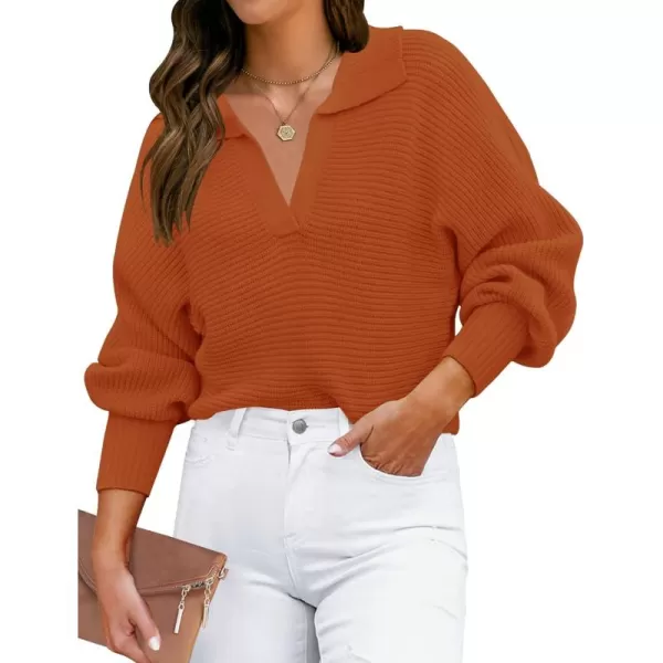 ZESICA Womens 2024 Fall Lapel Collar V Neck Long Sleeve Ribbed Knit Comfy Loose Casual Pullover Sweater Jumper TopMaple