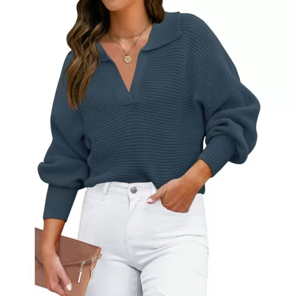 ZESICA Womens 2024 Fall Lapel Collar V Neck Long Sleeve Ribbed Knit Comfy Loose Casual Pullover Sweater Jumper TopNavy