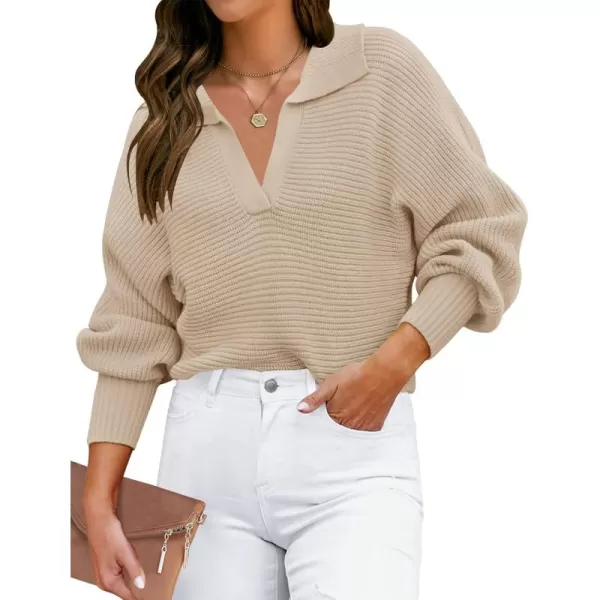 ZESICA Womens 2024 Fall Lapel Collar V Neck Long Sleeve Ribbed Knit Comfy Loose Casual Pullover Sweater Jumper TopOatmeal