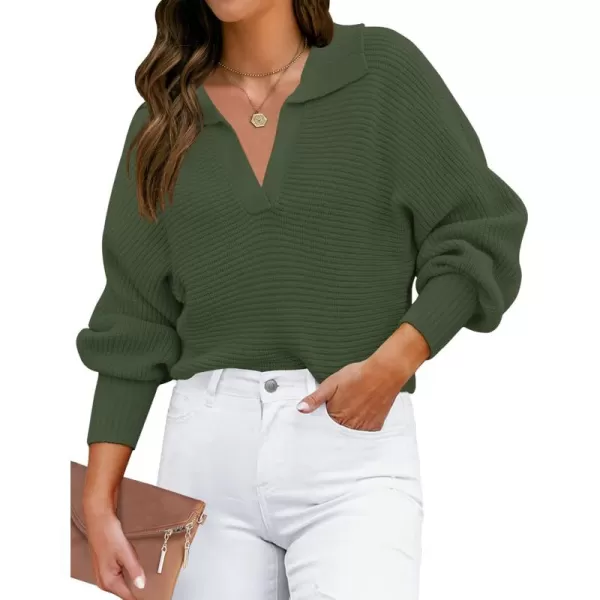 ZESICA Womens 2024 Fall Lapel Collar V Neck Long Sleeve Ribbed Knit Comfy Loose Casual Pullover Sweater Jumper TopOlive