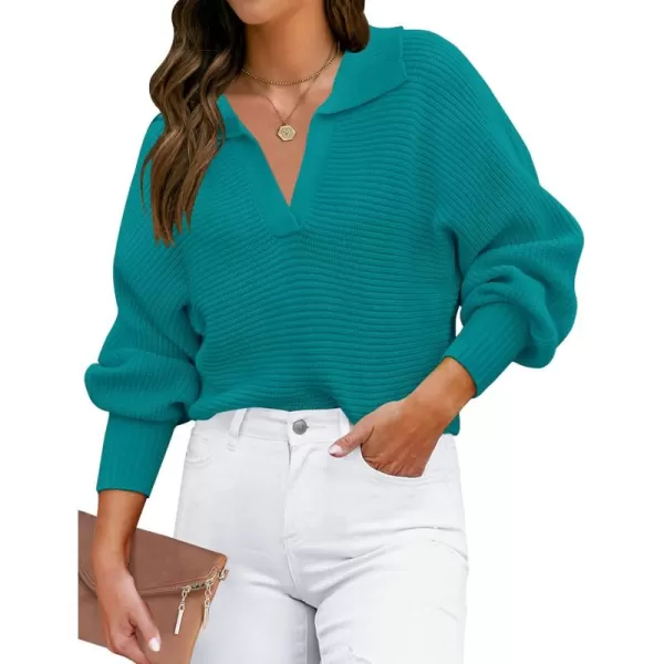 ZESICA Womens 2024 Fall Lapel Collar V Neck Long Sleeve Ribbed Knit Comfy Loose Casual Pullover Sweater Jumper TopPeacock