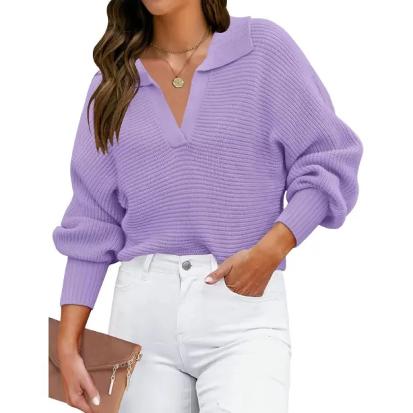ZESICA Womens 2024 Fall Lapel Collar V Neck Long Sleeve Ribbed Knit Comfy Loose Casual Pullover Sweater Jumper TopPurple