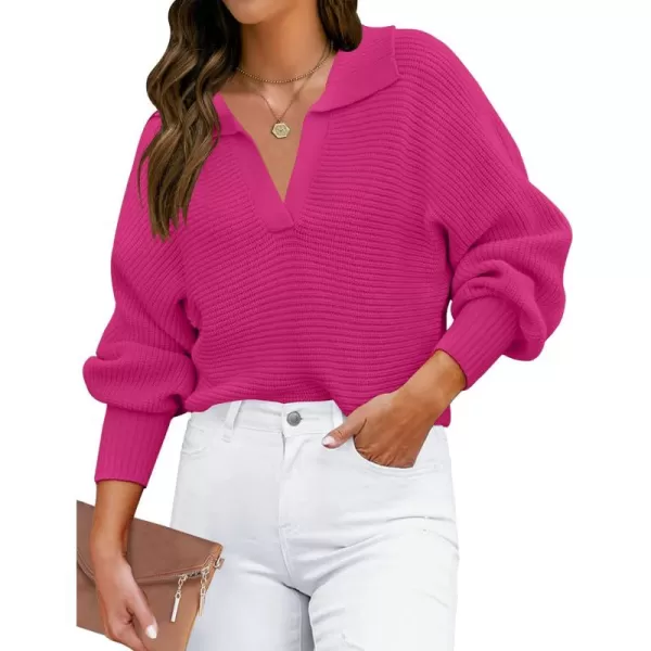 ZESICA Womens 2024 Fall Lapel Collar V Neck Long Sleeve Ribbed Knit Comfy Loose Casual Pullover Sweater Jumper TopRose