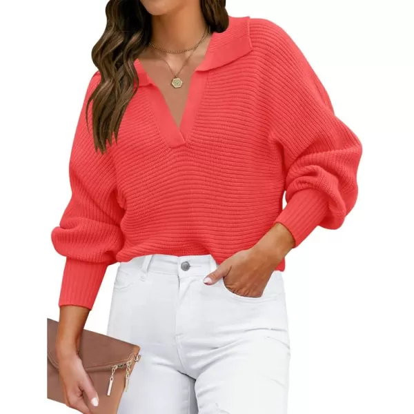 ZESICA Womens 2024 Fall Lapel Collar V Neck Long Sleeve Ribbed Knit Comfy Loose Casual Pullover Sweater Jumper TopWatermelon