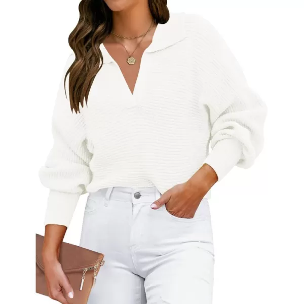 ZESICA Womens 2024 Fall Lapel Collar V Neck Long Sleeve Ribbed Knit Comfy Loose Casual Pullover Sweater Jumper TopWhite