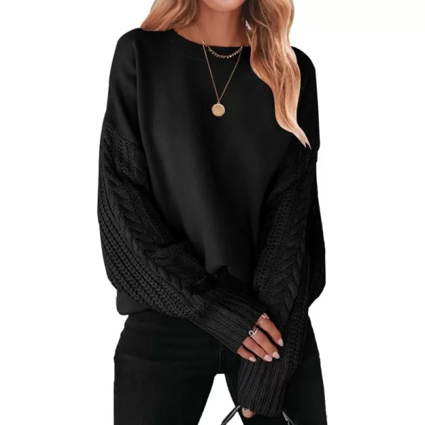 ZESICA Womens 2024 Fall Long Sleeve Crew Neck Solid Color Cable Knit Chunky Casual Oversized Pullover Sweater TopsBlack