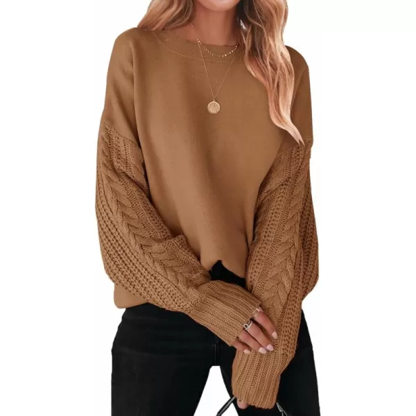 ZESICA Womens 2024 Fall Long Sleeve Crew Neck Solid Color Cable Knit Chunky Casual Oversized Pullover Sweater TopsCamel