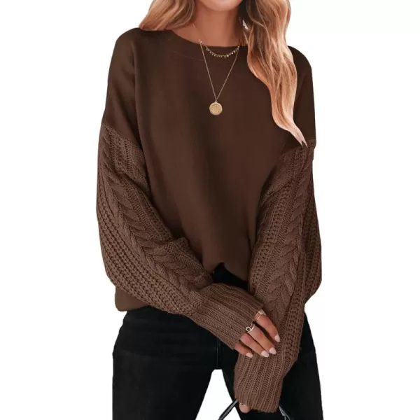ZESICA Womens 2024 Fall Long Sleeve Crew Neck Solid Color Cable Knit Chunky Casual Oversized Pullover Sweater TopsCoffee