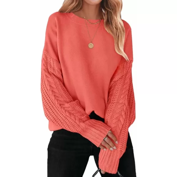 ZESICA Womens 2024 Fall Long Sleeve Crew Neck Solid Color Cable Knit Chunky Casual Oversized Pullover Sweater TopsCoral