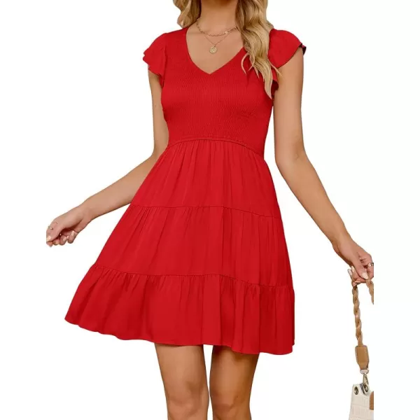 ZESICA Womens 2024 Summer Casual V Neck Flutter Sleeve Bohemian Ruffle Smocked A Line Swing Mini DressRed